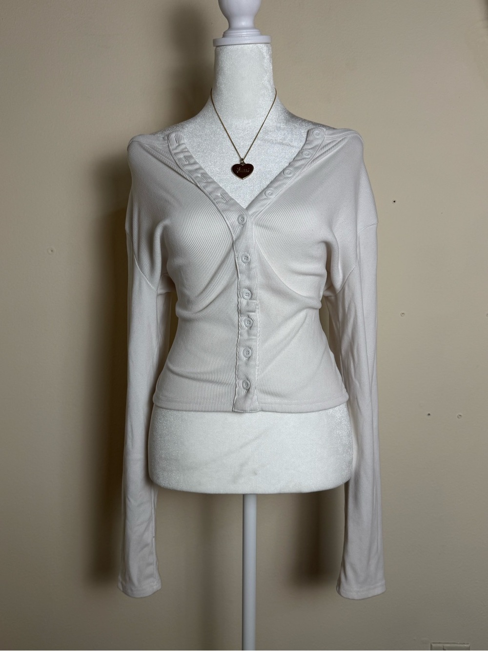 Ribbed Button-Front Long Sleeve Top in Off-White